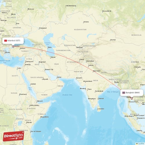 Istanbul - Bangkok direct flight map