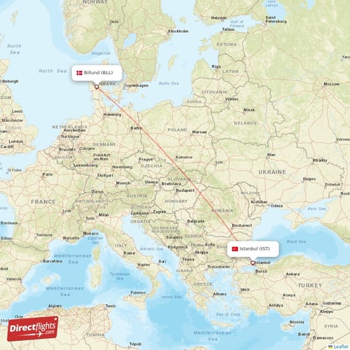 Istanbul - Billund direct flight map
