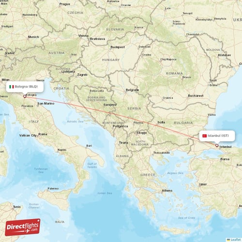 Istanbul - Bologna direct flight map