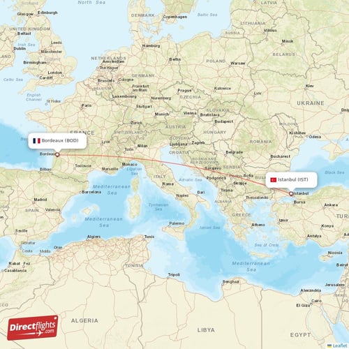 Istanbul - Bordeaux direct flight map