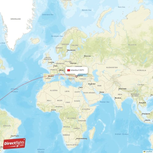 Istanbul - Bogota direct flight map