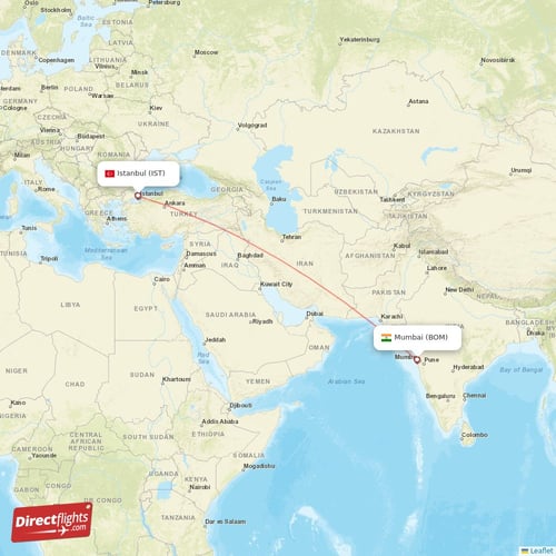 Istanbul - Mumbai direct flight map
