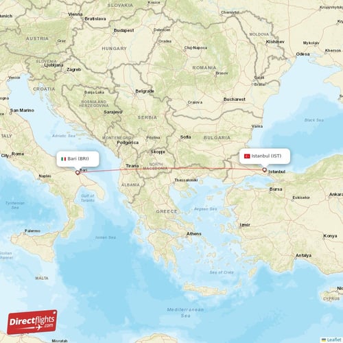 Istanbul - Bari direct flight map