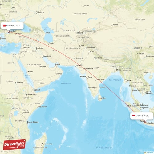 Istanbul - Jakarta direct flight map