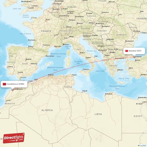 Istanbul - Casablanca direct flight map