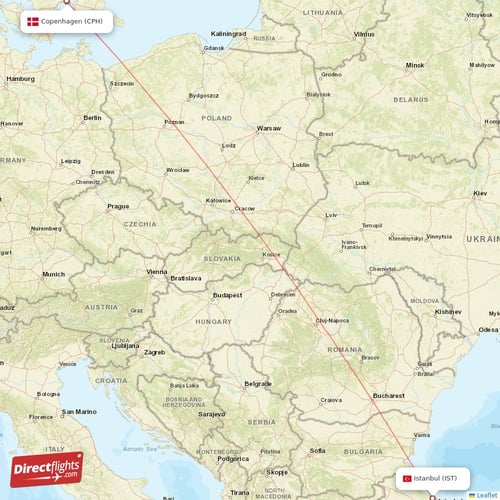 Istanbul - Copenhagen direct flight map