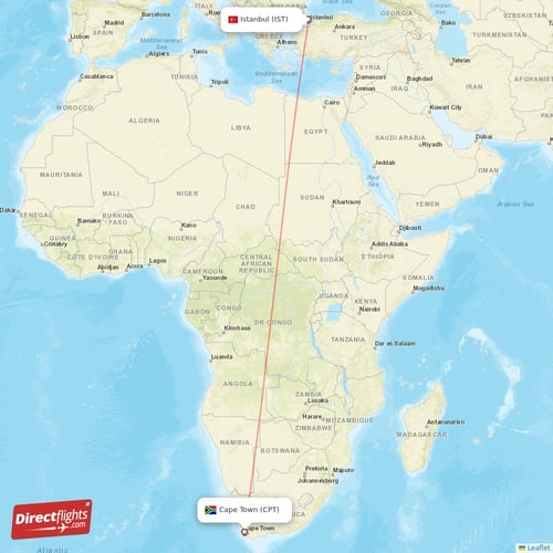 Istanbul - Cape Town direct flight map