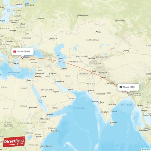 Istanbul - Dhaka direct flight map
