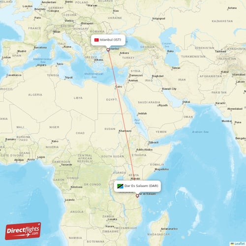 Istanbul - Dar Es Salaam direct flight map