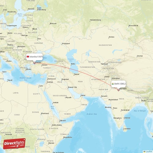 Istanbul - Delhi direct flight map