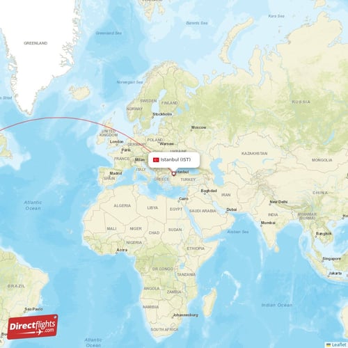 Istanbul - Dallas direct flight map