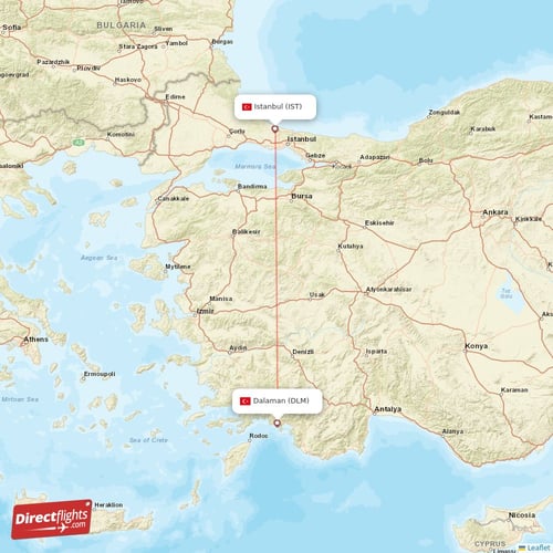 Istanbul - Dalaman direct flight map