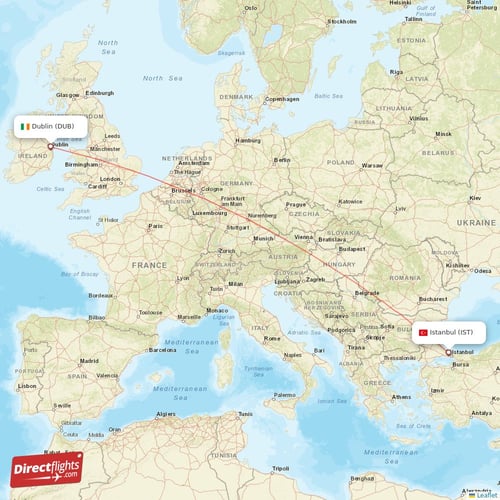 Istanbul - Dublin direct flight map
