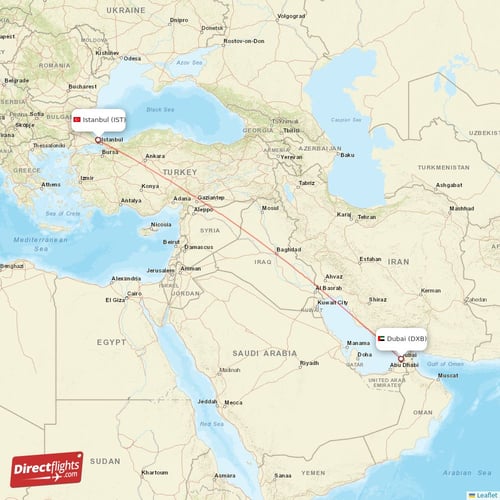 Istanbul - Dubai direct flight map
