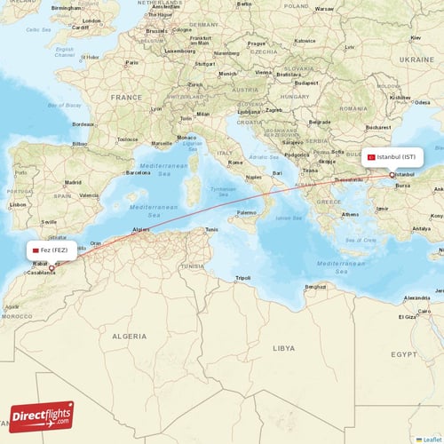 Istanbul - Fes direct flight map