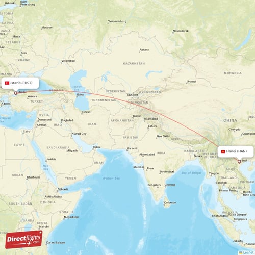 Istanbul - Hanoi direct flight map