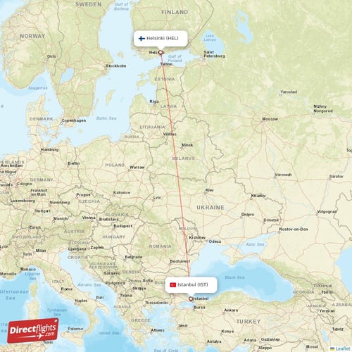 Istanbul - Helsinki direct flight map