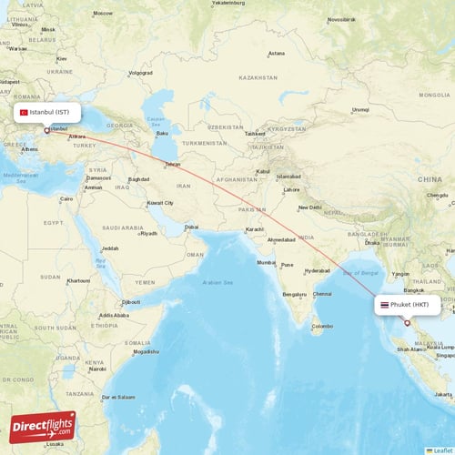 Istanbul - Phuket direct flight map
