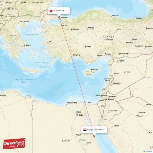 Istanbul - Hurghada direct flight map