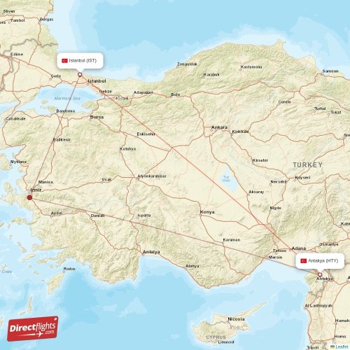 Istanbul - Antakya direct flight map