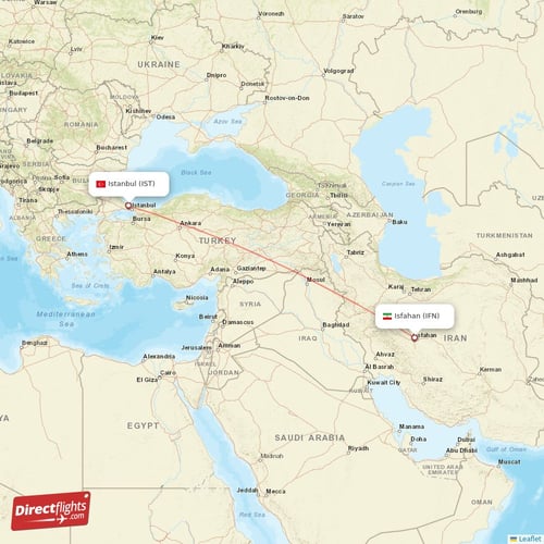 Istanbul - Isfahan direct flight map