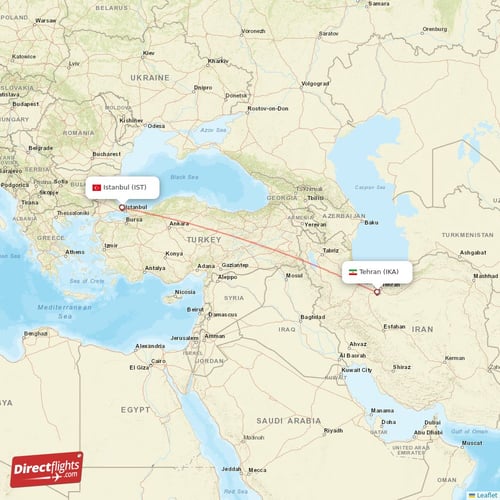 Istanbul - Tehran direct flight map