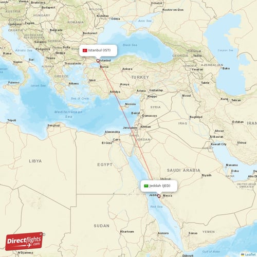 Istanbul - Jeddah direct flight map