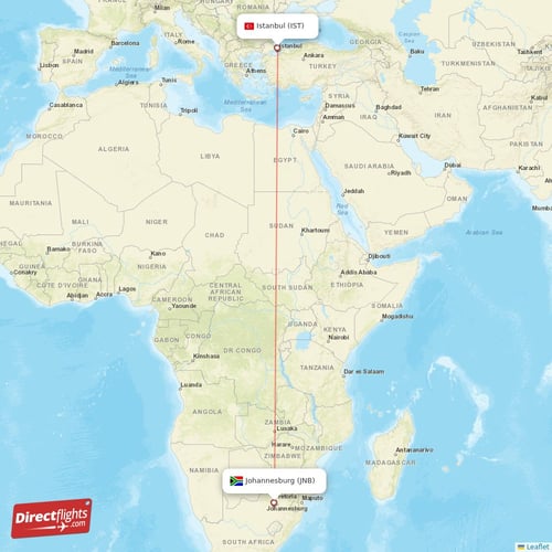 Istanbul - Johannesburg direct flight map