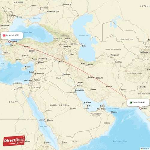 Istanbul - Karachi direct flight map