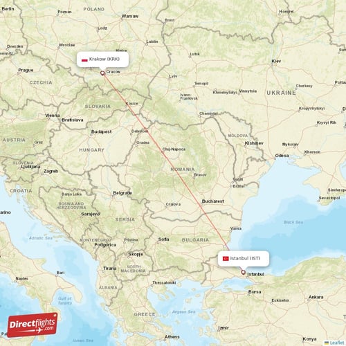 Istanbul - Krakow direct flight map