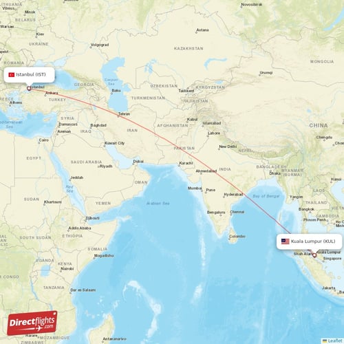 Istanbul - Kuala Lumpur direct flight map