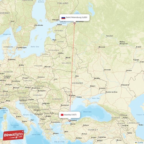 Istanbul - Saint Petersburg direct flight map