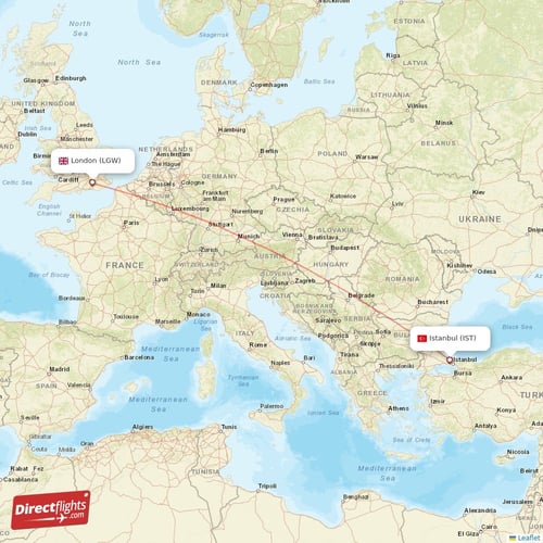 Istanbul - London direct flight map