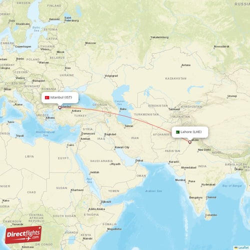 Istanbul - Lahore direct flight map