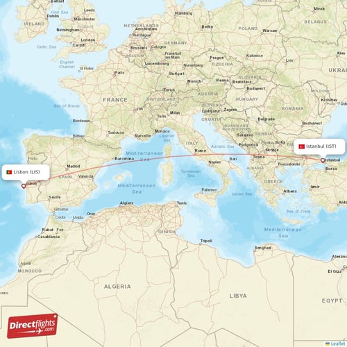 Istanbul - Lisbon direct flight map