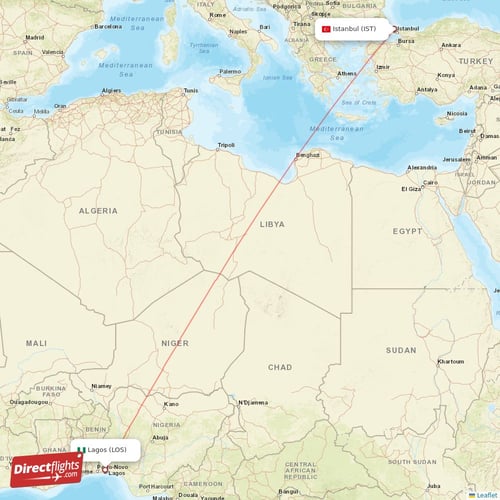 Istanbul - Lagos direct flight map
