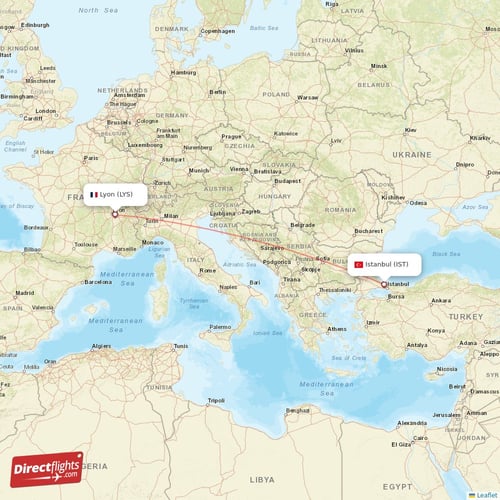 Istanbul - Lyon direct flight map