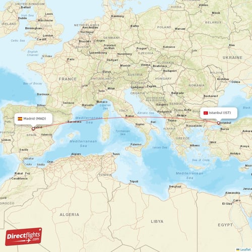 Istanbul - Madrid direct flight map