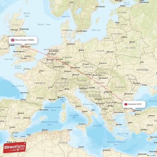Istanbul - Manchester direct flight map