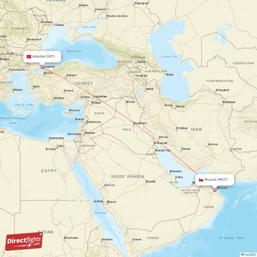 Istanbul - Muscat direct flight map