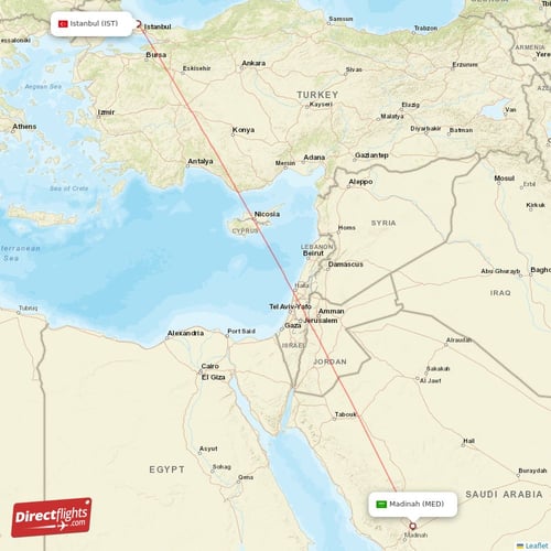 Istanbul - Madinah direct flight map