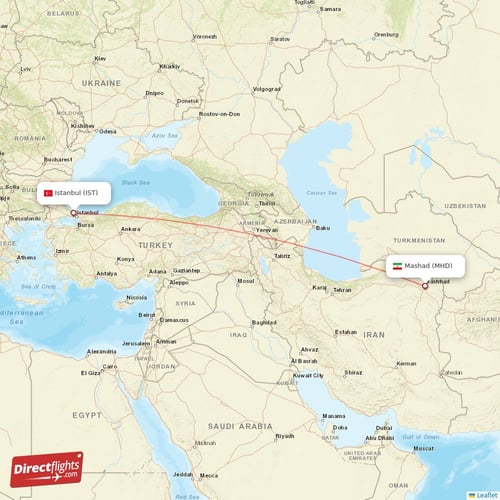Istanbul - Mashad direct flight map