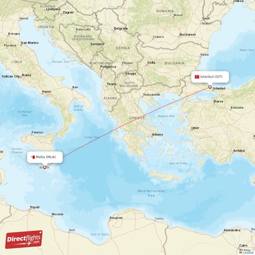 Istanbul - Malta direct flight map