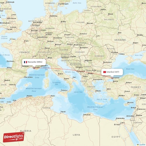 Istanbul - Marseille direct flight map