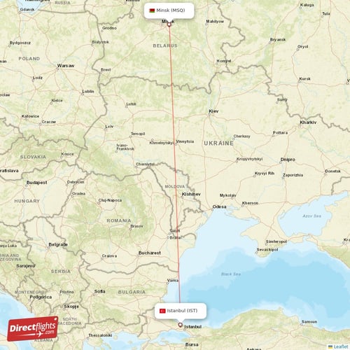 Istanbul - Minsk direct flight map