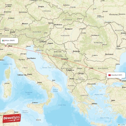 Istanbul - Milan direct flight map