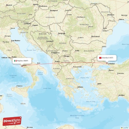 Istanbul - Naples direct flight map