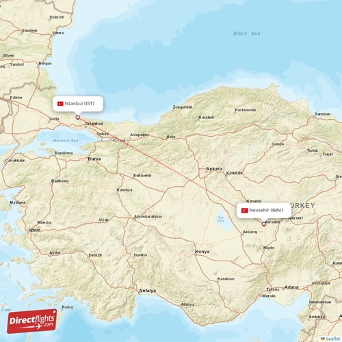 Istanbul - Nevsehir direct flight map