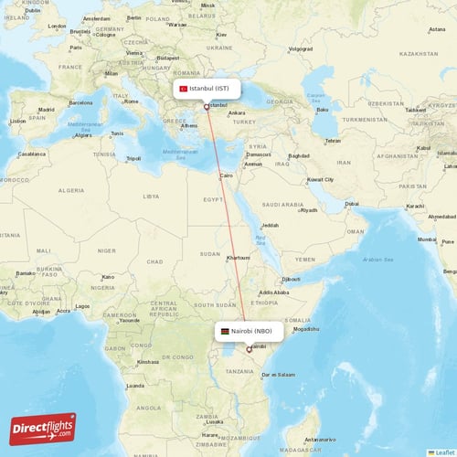 Istanbul - Nairobi direct flight map