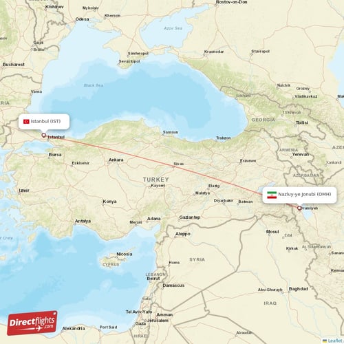 Istanbul - Nazluy-ye Jonubi direct flight map